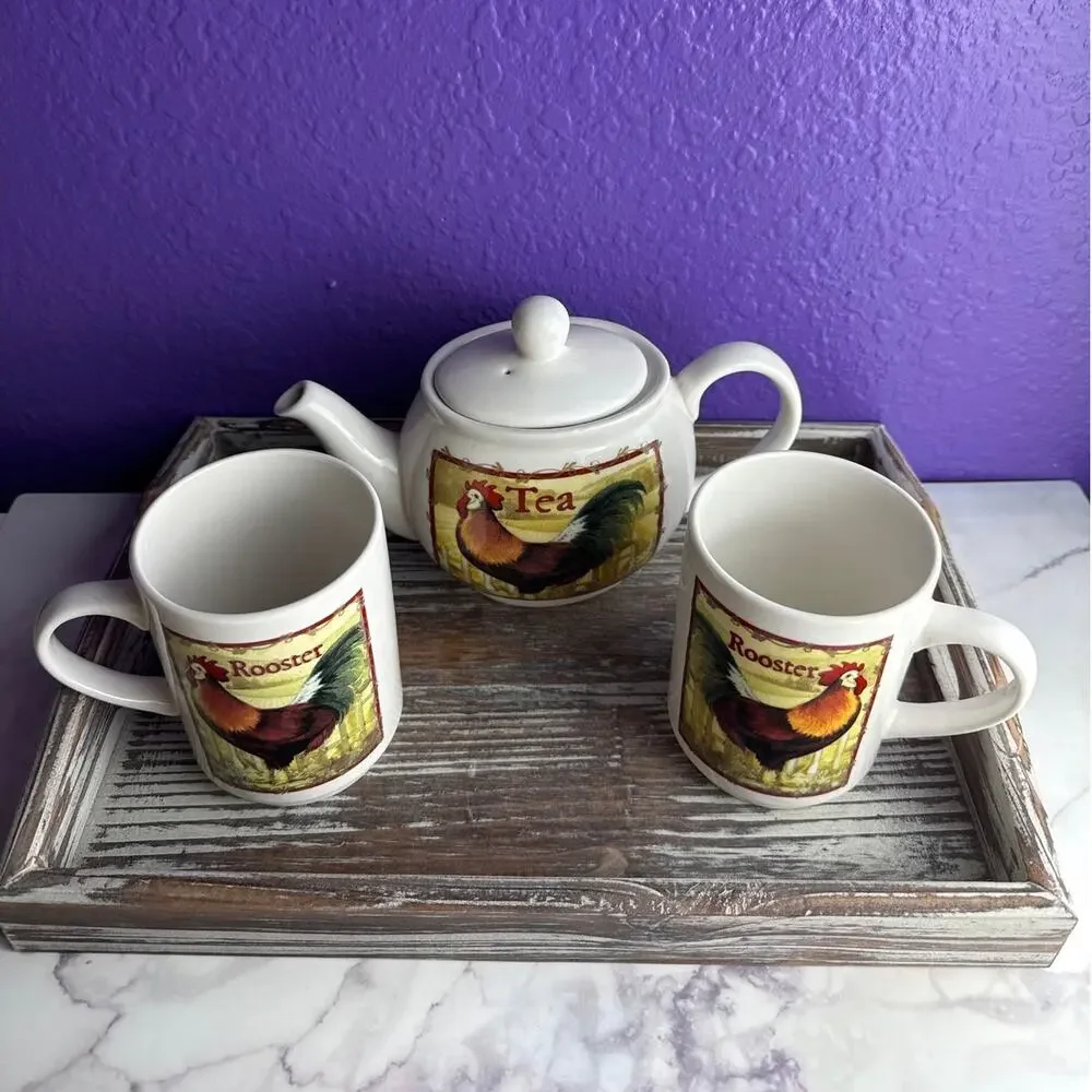 Cozy Vintage Farmhouse Kitchen Bundle Rooster Tea Set Tray Cookbook Copper Decor